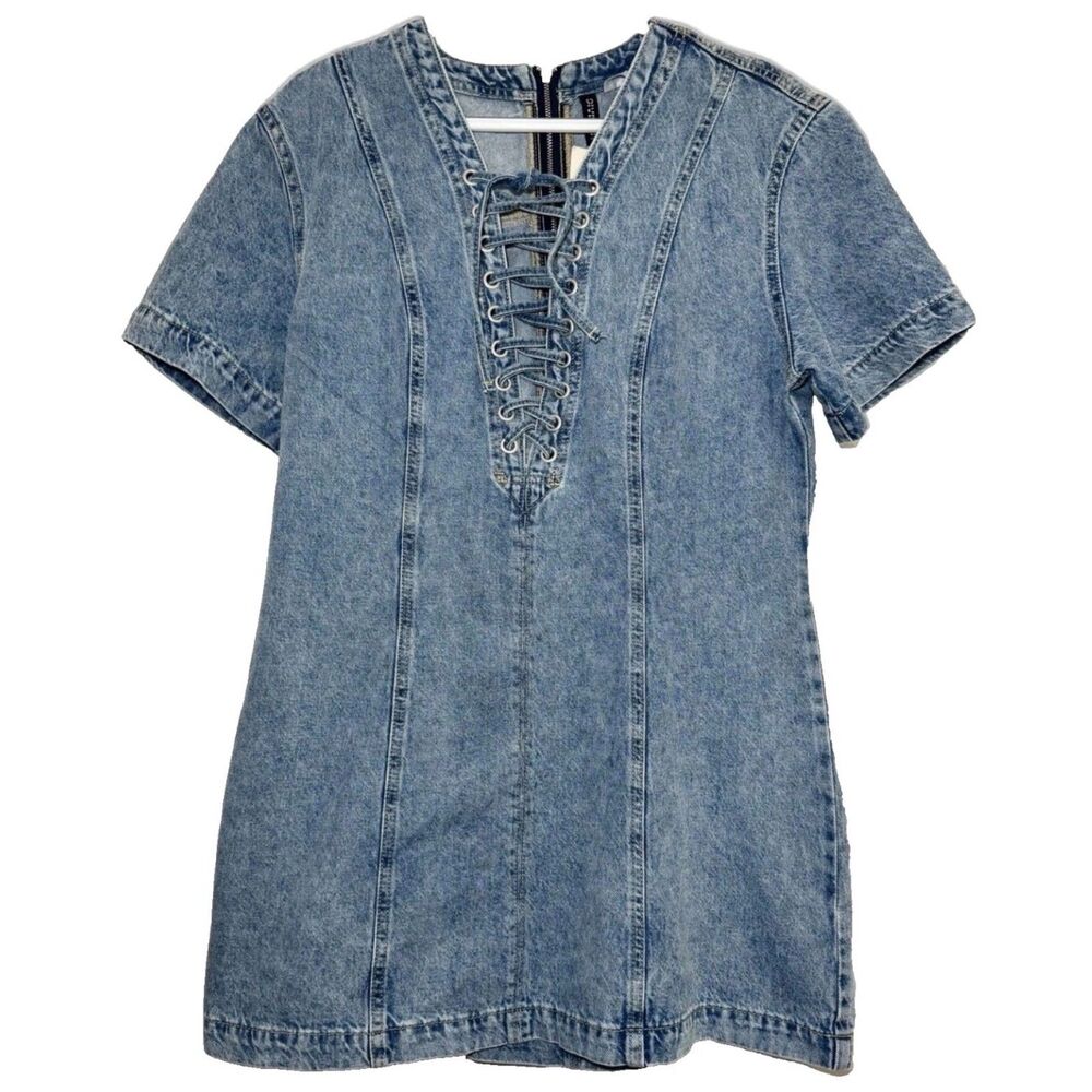 H&M Divided Lacing Detail Denim Dress M Light Wash Flared Mini NWT